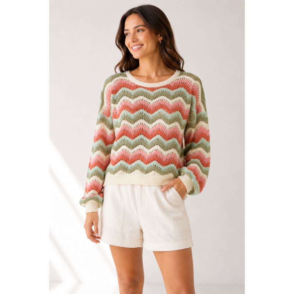 Marine Layer Ruby Sweater Chevron Pointelle Alpaca Blend Multi Color Small